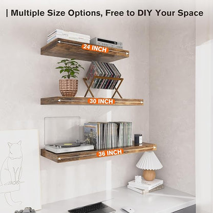 Floating Shelf, Set of 3 Wall Shelf, 24 in W x 12.75 in D x 2 in H Wooden Floating Wall Shelf with Invisible Brackets for Living Room/Bedroom/Bathroom/Kitchen Storage and Decor, Rustic Brown