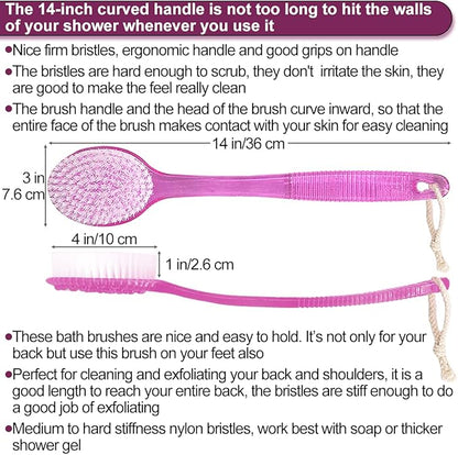 Back Bath Brush - Curved Long Handle Shower Brush with Medium Stiff Bristles for Exfoliating Body, Back Scrubber for Men & Women (Pink 2 Pack)