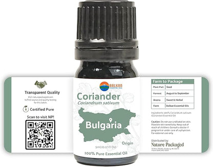Coriander Essential Oil - Direct from Bulgarian Balkan Mountains - Steam Distilled - Aceite Cilantro for Aromatherapy, Massage, Diffuser, DIY Candle and Soap Making - 8oz