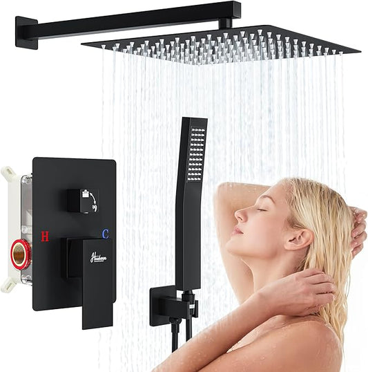 12 Inch Luxury Rain Shower Faucet Set, Matte Black Shower System with Rainfall Shower Head and Handheld Spray, SUS304 Stainless Steel and Solid Brass Wall Mounted Shower Valve Trim Kit