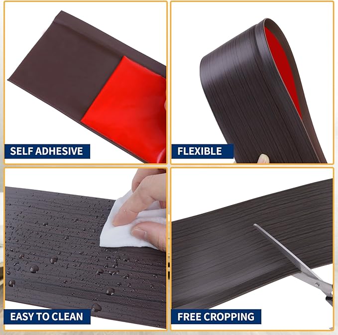 Flexible Baseboard Molding Trim 4 Inch Self-Adhesive Vinyl Wall Base Peel and Stick Cove Base Rubber Wall Baseboard Moulding Trim (20Ft, Dark Walnut Wood Grain)