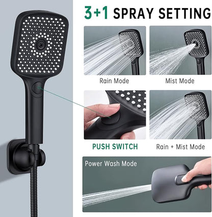 Shower Heads with Handheld Spray Combo, 13 Inches Rain Shower Head with 4 Mode Handheld Wand, and 13 Inches Adjustable Extension Arm, 3 Way Diverter Valve, Extra Long Hose (Matte Black)