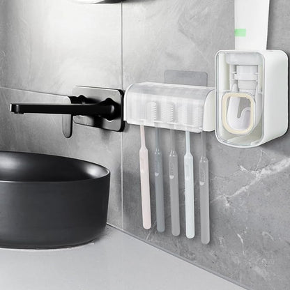 5 Slots Wall Mount Toothbrush Holder with Cover, Self Adhesive Toothbrush Storage Organizer for Shower, Toothbrush Hanger with Automatic Toothpaste Squeezer Dispenser