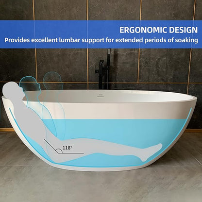 Cpingao 59" Freestanding Bathtub, Oval Shaped Stone Resin Freestanding Tubs, Solid Surface Matte White Soaking Tub with Overflow and Pop-up Drain 8801-1500