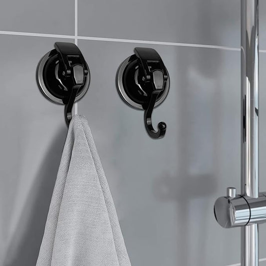 Heavy Duty Vacuum Shower Hooks - Glass Suction Cup Hooks, Reusable, No Hole Punched, for Bathroom Robe and Garland Decoration (Black, 2 Pack)