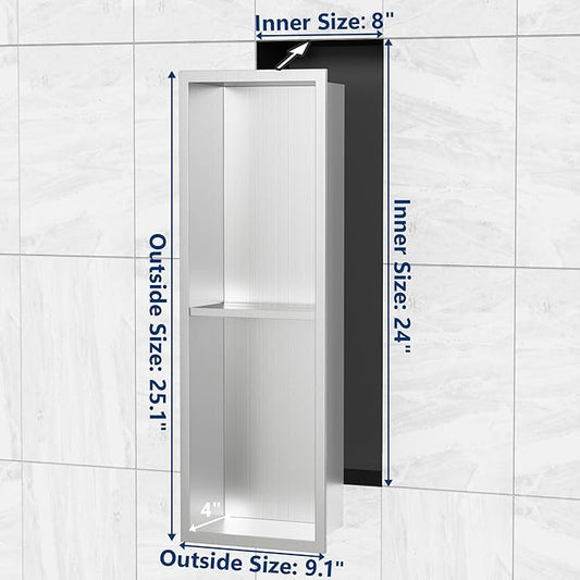 Stainless Steel Shower Niche 24" X 8", No Tile Needed Wall Niche Double Shelves, Recessed Shower Shelf for Bathroom Storage, Brushed Nickel