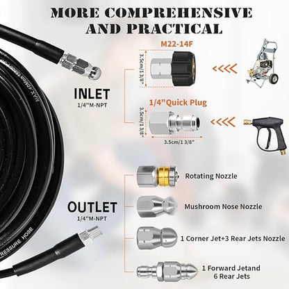 150FT Sewer Jetter Kit for Pressure Washer, 5800PSI Drain Cleaner Hose 1/4 Inch NPT Corner, Rotating and Button Nose Sewer Jetting Nozzles, Waterproof Tape and 2 Spanners (Black)