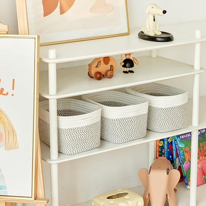 Small Cotton Rope Basket – Storage Bin for Organizing (10.6" x 6.7" x 6.7"), Bathroom Storage Basket for Shelf, Counter & Closet（White & Mixed Grey）