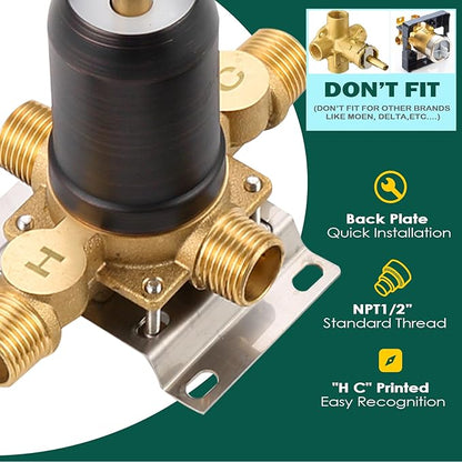 Oil Rubbed Bronze Shower Valve 2 Way Diverter with Single Handle Trim Kit, Dual-Function Pressure Balance Shower Faucet Control Kit Brass Rough-In 1/2" NPT Connection