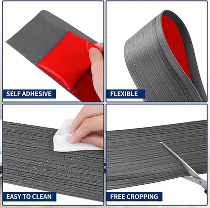 Flexible Baseboard Molding Trim 4 Inch Self-Adhesive Vinyl Wall Base Peel and Stick Cove Base Rubber Wall Baseboard Moulding Trim (60Ft, Deep Gray Wood Grain)
