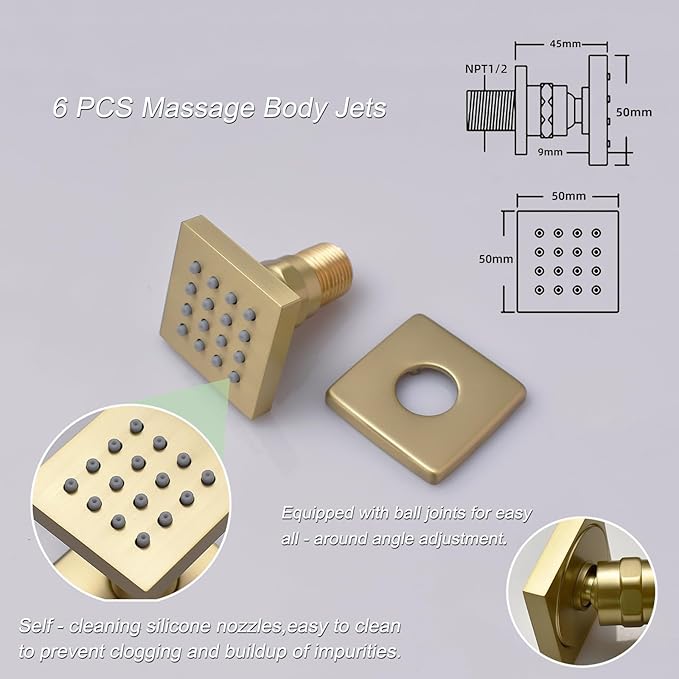 Shower Set Brushed Gold Thermostatic Shower System with Tub Spout, with 12 inch Ceiling Mount Shower Head and 6 PCS Body Jet, Handheld Spray