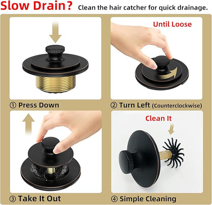 Oil Rubbed Bronze Bathtub Drain, Hair Catcher and 2-Hole Overflow Faceplate, 11.5/16 UNC, Lift and Turn Bathtub Drain Replacement, Tub Drain Stopper