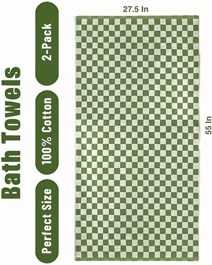 Checkered Bath Sheet(2 Pack),Oversized Bath Towel, 27.5x55 Inches, Quick Dry,100% Luxury Cotton, Super Soft & Absorbent (Green-Red Checkered, Large)