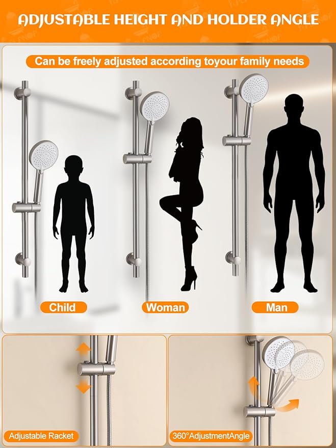 Handheld Shower Head with Slide Bar, 2.5GPM High Pressure 3-Function Adjustable Handheld Shower Head with 59-Inch Hose and Adjustable Holder (Nickel)