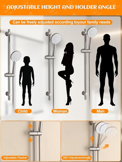 Handheld Shower Head with Slide Bar, 2.5GPM High Pressure 3-Function Adjustable Handheld Shower Head with 59-Inch Hose and Adjustable Holder (Nickel)