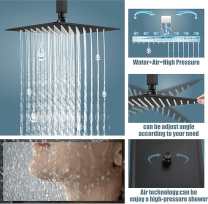 Aolemi Ceiling Mount Shower System Rain Shower Head with Handheld Spray High Pressure Shower Faucet Set Rough-in Valve Shower Trim Kit Included Bathroom Matte Black 10 Inch Ceiling Shower Head
