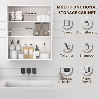 White Bathroom Wall Cabinet,Over The Toilet Storage Cabinet,Bathroom and Laundry Wall Mount Storage Medicine Cabinet with Open and Adjustable Shelf,Easy Assembly (Style B-1 PC, White)