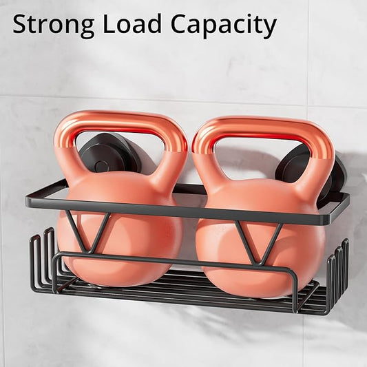 KEGII Suction Cup Shower Caddy, 2 Pack Shower Suction Shelf with Soap Holder & Hooks, No Drilling Bathroom Organizer, Stainless Steel Shampoo Holder for Bathroom Storage Basket, Black
