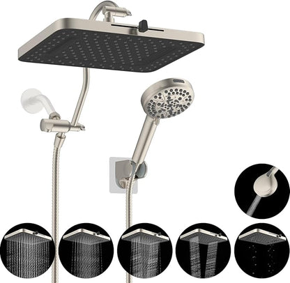 Hibbent cUPC Certified High Pressure 13'' Dual Shower Head Combo with 10-mode Handheld Spray, Rainfall 5-spray Shower Head, 12'' Adjustable Extension Arm, 71'' Hose, Showerhead Holder, Brushed Nickel