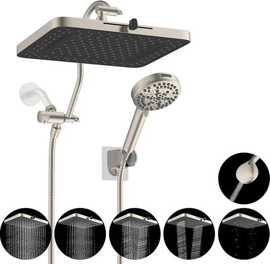 Hibbent cUPC Certified High Pressure 13'' Dual Shower Head Combo with 10-mode Handheld Spray, Rainfall 5-spray Shower Head, 12'' Adjustable Extension Arm, 71'' Hose, Showerhead Holder, Brushed Nickel