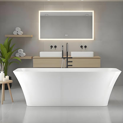 Freestanding Bathtub 59 Inch Compact Acrylic Soaking Tub with Chrome Drain, Stand Alone Bath Tub for Bathroom, Oval Design for Small Space, Modern White Tub for Home Relaxation