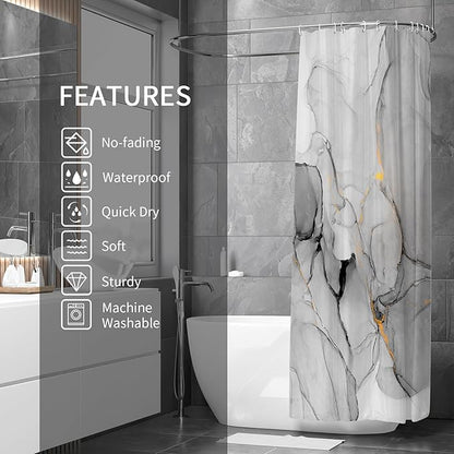 Gibelle Long Fabric Shower Curtain 72 x 78, Tall Abstract Grey Marble Shower Curtain, Modern Ink Art Waterproof Fabric Shower Curtain Set with Hooks