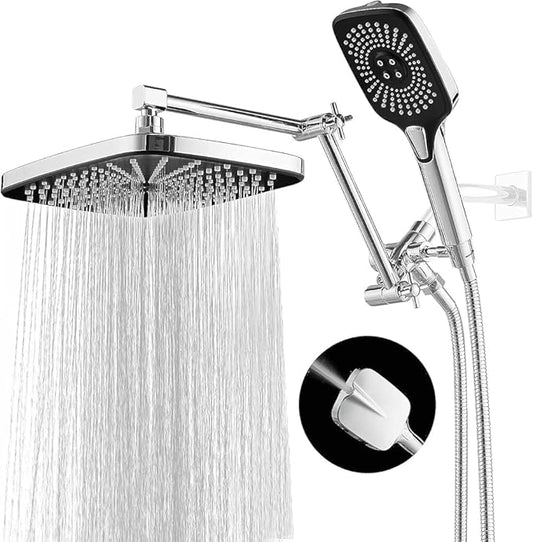 12 Inch Rain Shower Head with Handheld Spray Combo and Extention Arm, High Pressure Rainfall Waterfall Shower Heads, Dual Showerhead with 3-Way Diverter - Height/Angle Adjustable(Chrome)