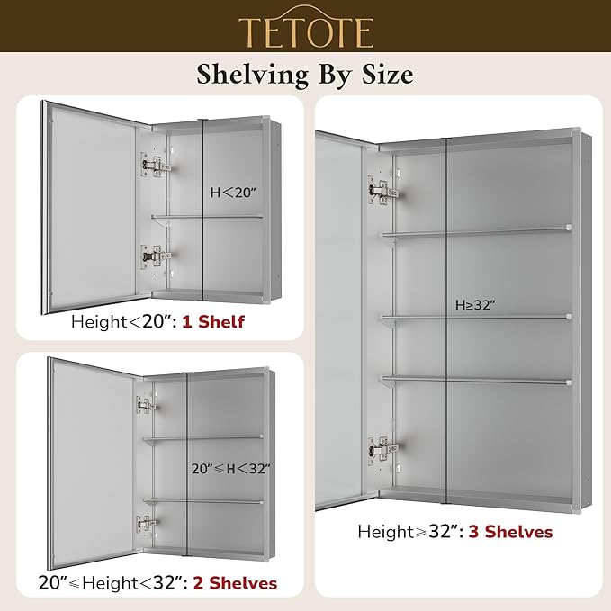 TETOTE 40 x 32 Medicine Cabinet with Tempered Beveled Mirror Silver Medicine Cabinet Mirror Aluminum Cabinet DTC Hinges, Stepless Adjustable Shelves, Recessed/Surface-Mounted