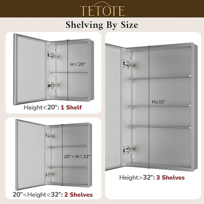 TETOTE 14 x 18 Medicine Cabinet with Tempered Beveled Mirror Silver Aluminum Cabinet DTC Hinges, Stepless Adjustable Shelves, Recessed/Surface-Mounted