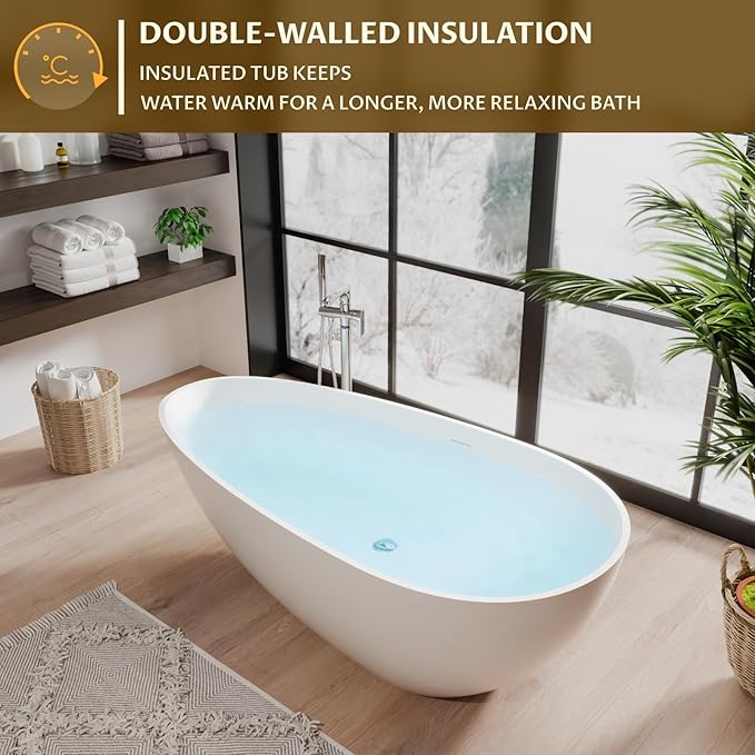 GarveeLife Freestanding Solid Surface Bathtub 67 Inch – Matte White Deep Soaking Tub, Contemporary Stone Stand Alone Bathtub with Smooth Ergonomic Design for Luxury Bathroom