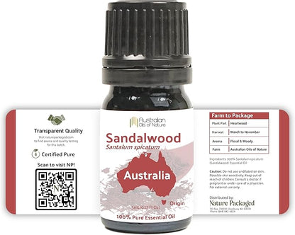 Sandalwood Essential Oil - Direct from Australian Oils of Nature - Steam Distilled - Aceite Esencial de Sándalo for Aromatherapy, Massage, Diffuser, DIY Candle and Soap Making - 5ml