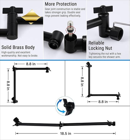 G-Promise 18 Inch Shower Head Extension Arm, Solid Brass Height & Angle Adjustable Extender, Rise or Lower Rainfall and Fixed Shower Head (Matte Black)