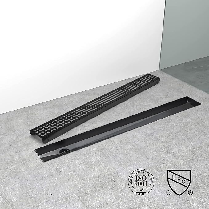 Offset Linear Shower Drain, Matte Black Shower Drain 60 inch with Removable Grate Cover, Brushed 304 Stainless Steel Side Outlet Black Shower Floor Drain with Hair Catcher and Leveling Feet