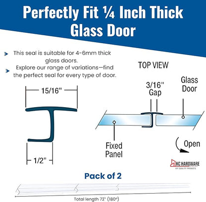 Frameless Shower Door Side Seal Strip H-Type 180 Degree 72'' Length, Clear (2, 1/4'' Glass)