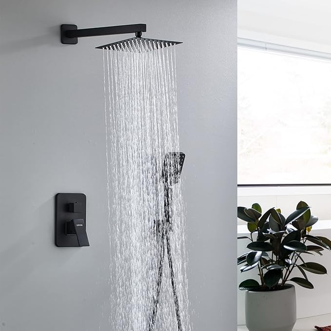 Black Shower Faucet Set, Bathroom Shower System 10 Inch Rain Shower Head and Handheld Wall Mounted, 3-Setting Handheld Shower Faucets Sets Complete with 2 Way Pressure Balance Shower Valve Kit