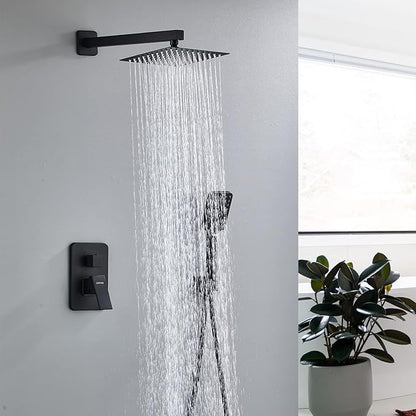 8 Inch Shower System with Tub Spout, Black Shower Faucet Set for Bathroom, Square High Pressure Shower Head, 2-Setting Handheld Faucets Sets, Wall Mounted Rainfall Shower Valve Kit