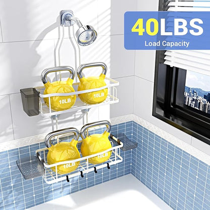 Hanging Shower Caddy Bathroom Organizer: Rustproof Shower Shelf Racks Over Shower Head - No Drilling Inside Bath Shower Rack Shelves Over Showerhead for Shampoo with Soap Holder White