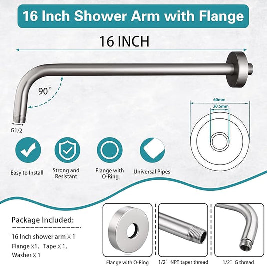 16 Inch Shower Arm with Flange,Stainless Steel 90 Degree Rain Shower Head Extension Arm,Wall-Mounted Shower Head Arm for Fixed Shower Head,Brushed Nickel