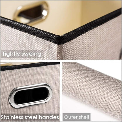 PRANDOM Foldable Storage Bin with Lid [1-Pack] Linen Fabric Decorative Storage Box Organizer Container Basket Cube with Handles Divider for Closet Office Living Room Light Grey(14.9x9.8x9.8)