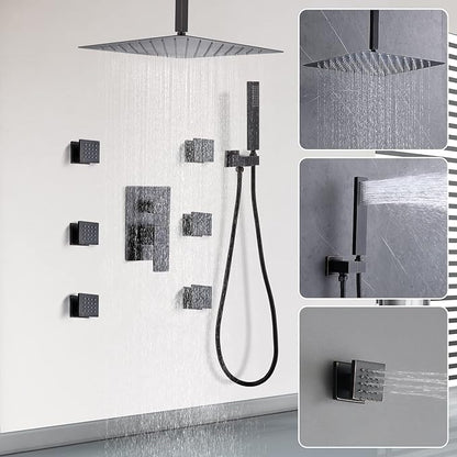 Enga Rainfall Shower System with 6 Body Jets 12" Ceiling Mount Rain Shower, Multi Shower Head System Shower Contain Rough-in Shower Valve, Oil Rubbed Bronze