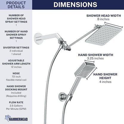 HammerHead® Solid Metal Dual Shower Head Combo — 8" Square Rain Shower Head with Handheld, 12" Adjustable Arm & Wall-Mount Holder for Flexible Installation — Chrome