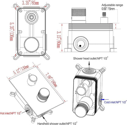 Temperature Display 2 Way Shower Valve Brass Rough-in and Rectangle Trim Kit, Dual Function Digital Shower Mixer Valve, Chrome