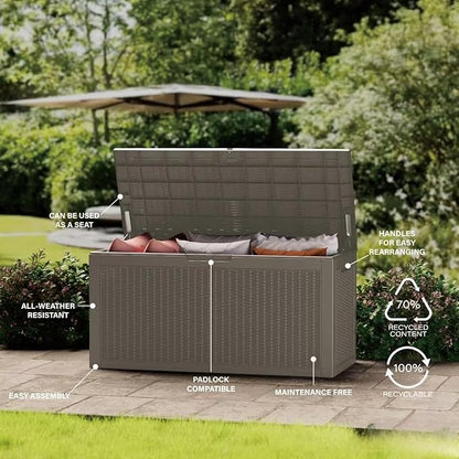 TARKARI 100 Gallon Lockable Resin Deck Box, Waterproof & UV-Resistant Outdoor Storage Box for Outdoor Cushion Storage, Garden Tools & Pool Accessories Storage, Gray