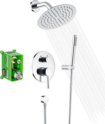 SUMERAIN Rain Shower System, Wall Mounted Bathroom Shower Faucet Set with 8" Shower Head and Brass Hand Shower, Rough in Valve Included