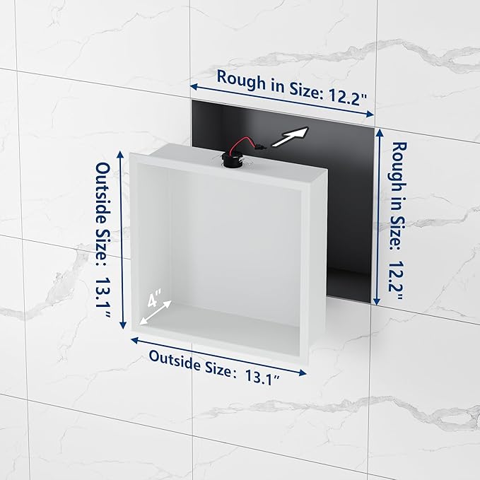 Neodrain Shower Niche with 3000K LED Downlight, 12X12Inch White Stainless Steel Bathroom Niches No Tile Needed Caddy Shelf for Wall, Recessed Wall Cabinet for Bathroom Storage