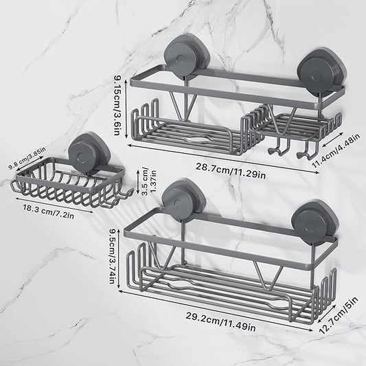 KEGII Suction Cup Shower Caddy – 3 Pack Suction Cup Shelf with Soap Holder & Hooks, Rustproof Stainless Steel Shower Organizer, Removable No Drilling Bathroom Storage Rack, Dark Gray