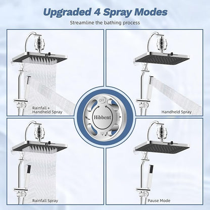 Hibbent 5-spray Filtered Rainfall Shower Head Combo, High Pressure 13'' Showerhead with Stainless Steel 4 Spray Modes Handheld, All Metal 4-way Diverter Arm with Pause Mode, 71'' Hose & Holder, Chrome