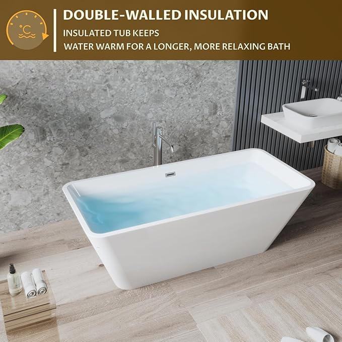59" Freestanding Bathtub, Acrylic Soaking Tub, Chrome Overflow & Drain, Easy Installation for Modern Bathroom, White