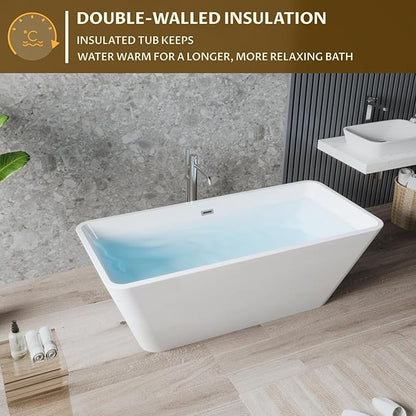 59" Freestanding Bathtub, Acrylic Soaking Tub, Chrome Overflow & Drain, Easy Installation for Modern Bathroom, White