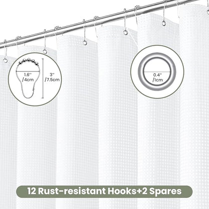Inhousolu Fabric Shower Curtain Waffle Weave, 230 GSM Heavy Duty, Weighted Hem, 14 Metal Hooks, Water Repellent, Machine Washable, Hotel Spa Luxury Bath Curtain Set, 72 x 72 Inch, White